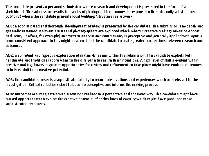 The candidate presents a personal submission where research and development is presented in the