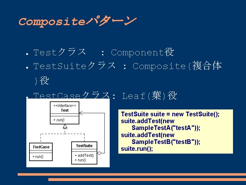 Compositeパターン ● ● ● Testクラス : Component役 Test. Suiteクラス : Composite(複合体 )役 Test. Caseクラス: