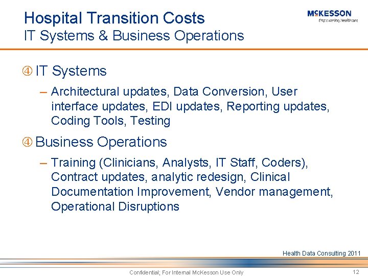 Hospital Transition Costs IT Systems & Business Operations IT Systems ─ Architectural updates, Data