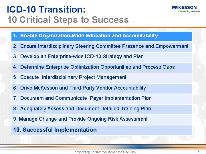 ICD-10 Transition: 10 Critical Steps to Success 1. Enable Organization-Wide Education and Accountability 2. ICD-10 Transition: 10 Critical Steps to Success 1. Enable Organization-Wide Education and Accountability 2.