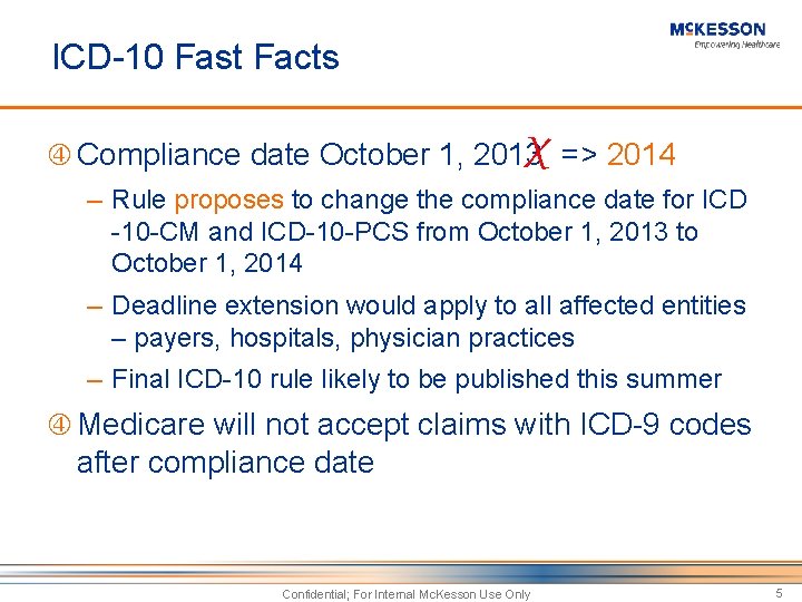 ICD-10 Fast Facts X Compliance date October 1, 2013 => 2014 ─ Rule proposes