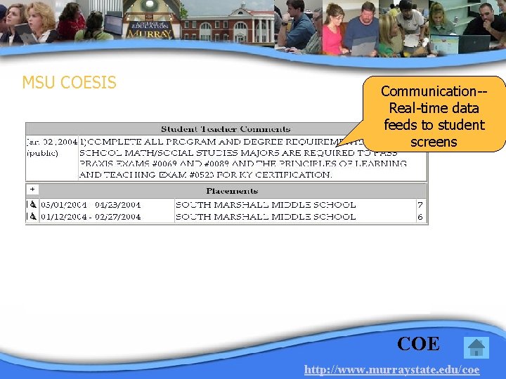MSU COESIS Communication-Real-time data feeds to student screens COE http: //www. murraystate. edu/coe 