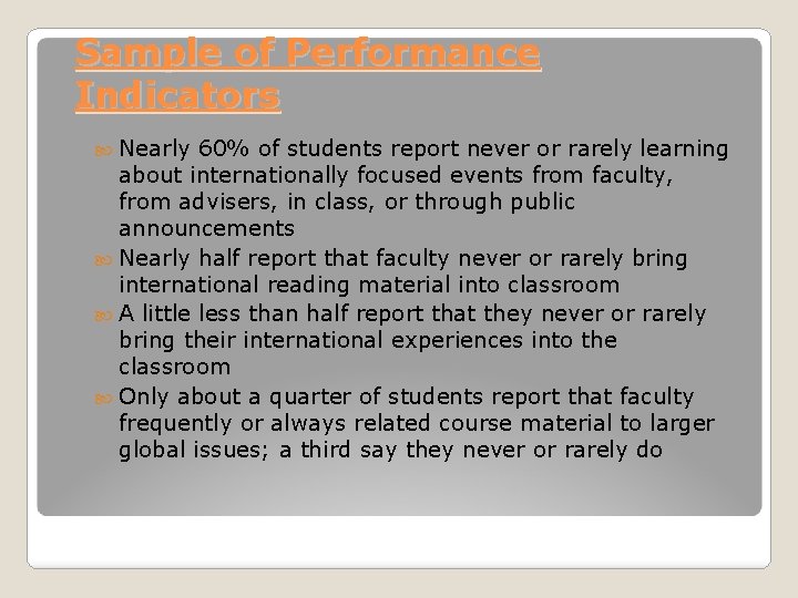 Sample of Performance Indicators Nearly 60% of students report never or rarely learning about