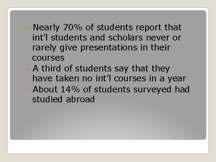  Nearly 70% of students report that int’l students and scholars never or rarely