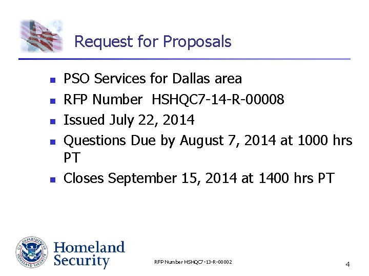 Request for Proposals n n n PSO Services for Dallas area RFP Number HSHQC