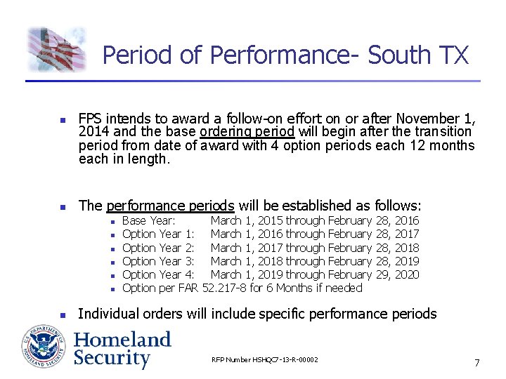 Period of Performance- South TX n n FPS intends to award a follow-on effort
