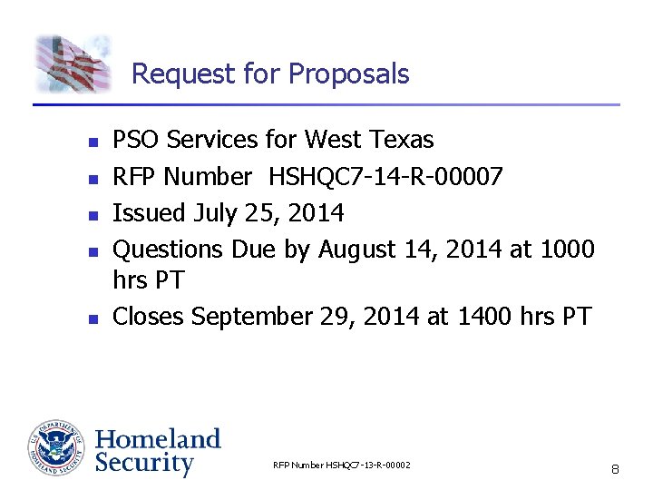 Request for Proposals n n n PSO Services for West Texas RFP Number HSHQC