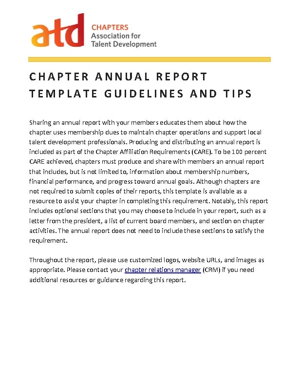 CHAPTER ANNUAL REPORT TEMPLATE GUIDELINES AND TIPS Sharing an annual report with your members
