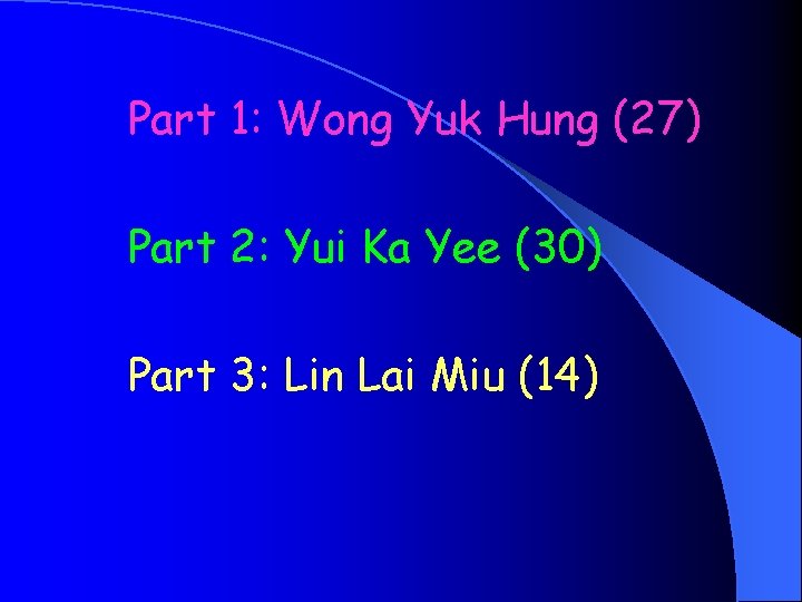 Part 1: Wong Yuk Hung (27) Part 2: Yui Ka Yee (30) Part 3: