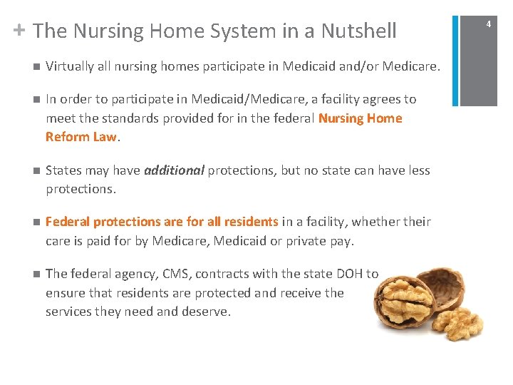 + The Nursing Home System in a Nutshell n Virtually all nursing homes participate