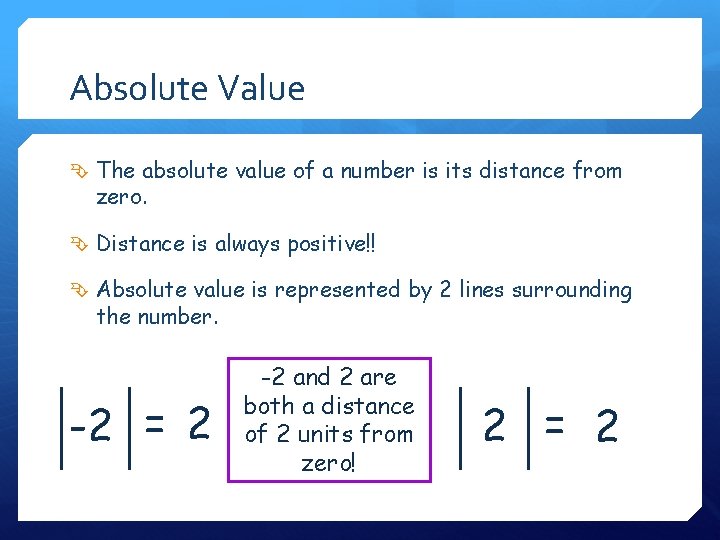 Absolute Value The absolute value of a number is its distance from zero. Distance