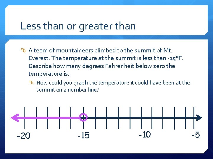 Less than or greater than A team of mountaineers climbed to the summit of