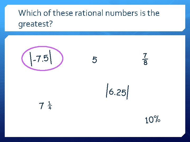 Which of these rational numbers is the greatest? -7. 5 ⅞ 5 6. 25