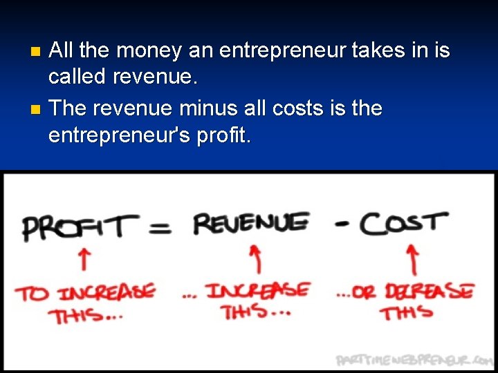 All the money an entrepreneur takes in is called revenue. n The revenue minus