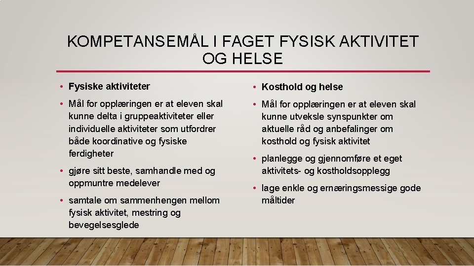 KOMPETANSEMÅL I FAGET FYSISK AKTIVITET OG HELSE • Fysiske aktiviteter • Kosthold og helse