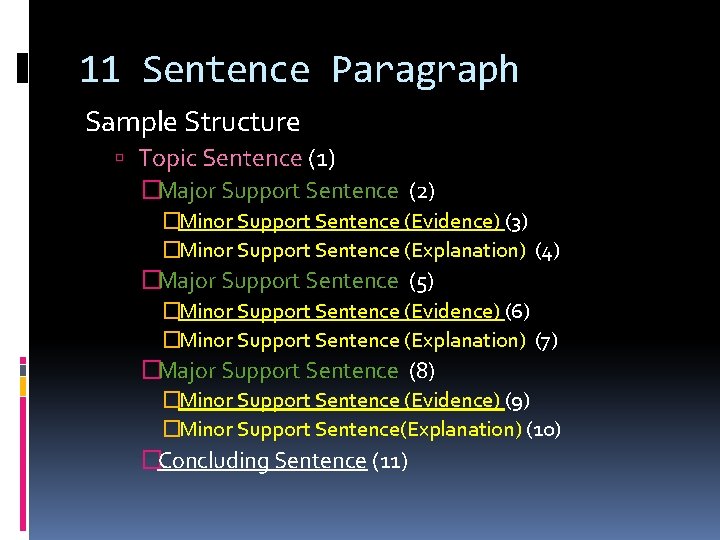 11 Sentence Paragraph Sample Structure Topic Sentence (1) �Major Support Sentence (2) �Minor Support