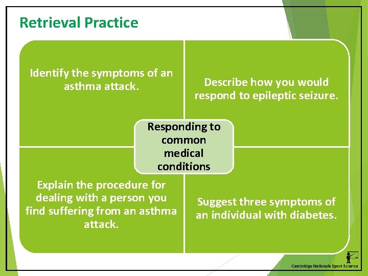 Retrieval Practice Identify the symptoms of an asthma attack. Describe how you would respond