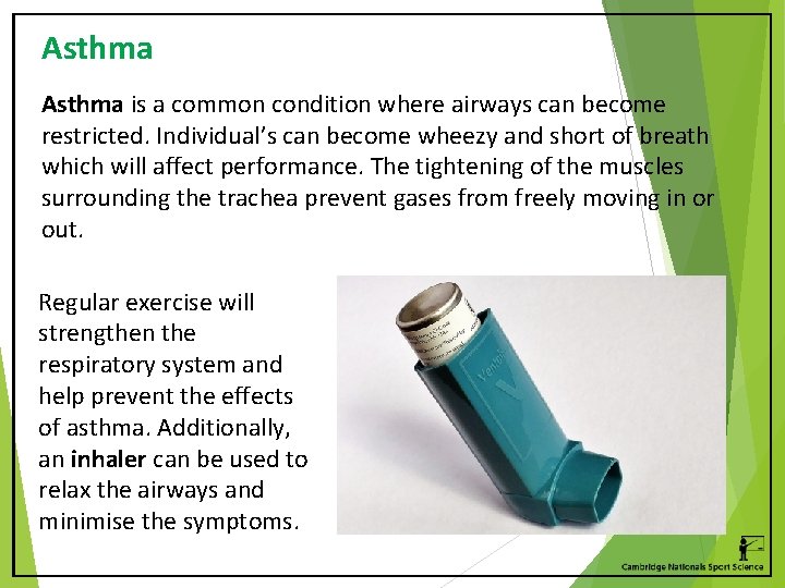 Asthma is a common condition where airways can become restricted. Individual’s can become wheezy