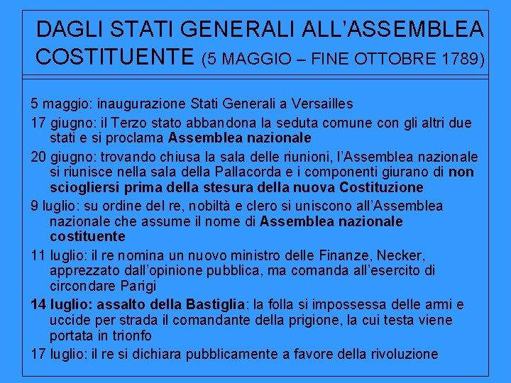 DAGLI STATI GENERALI ALL’ASSEMBLEA COSTITUENTE (5 MAGGIO – FINE OTTOBRE 1789) 5 maggio: inaugurazione