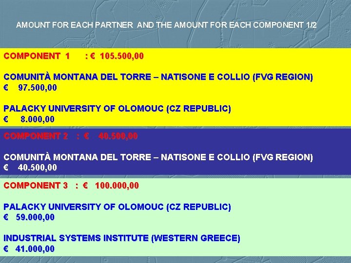 AMOUNT FOR EACH PARTNER AND THE AMOUNT FOR EACH COMPONENT 1/2 COMPONENT 1 :