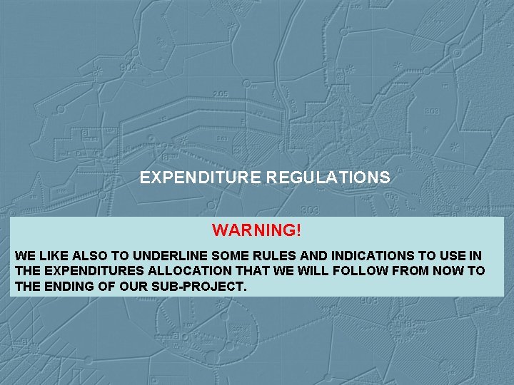 EXPENDITURE REGULATIONS WARNING! WE LIKE ALSO TO UNDERLINE SOME RULES AND INDICATIONS TO USE