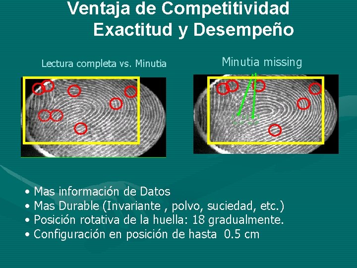 Ventaja de Competitividad Exactitud y Desempeño Lectura completa vs. Minutia • • Minutia missing