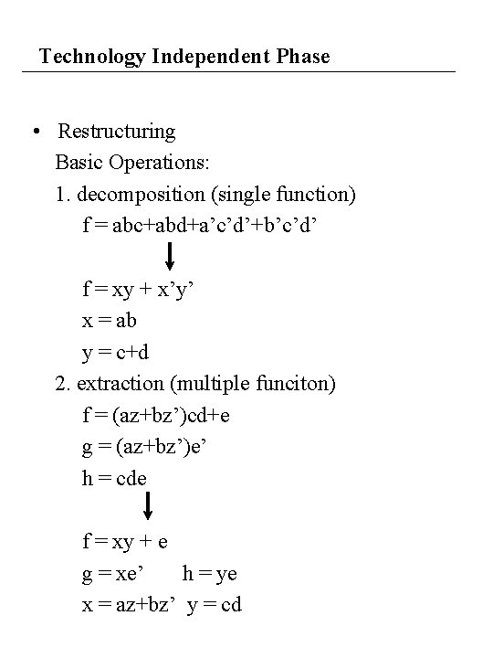 Technology Independent Phase • Restructuring Basic Operations: 1. decomposition (single function) f = abc+abd+a’c’d’+b’c’d’