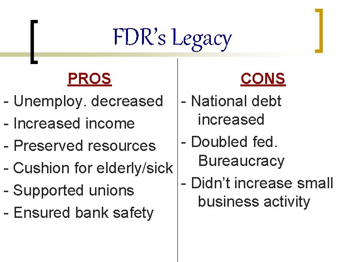 FDR’s Legacy PROS CONS - Unemploy. decreased - National debt increased - Increased income