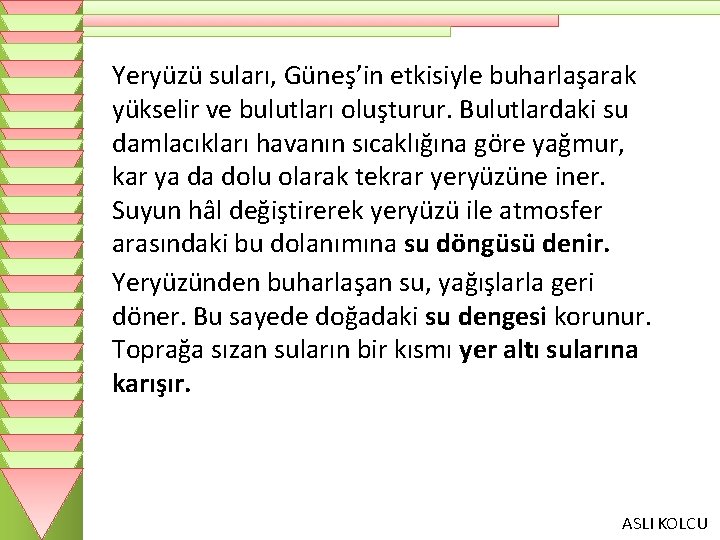 Yeryüzü suları, Güneş’in etkisiyle buharlaşarak yükselir ve bulutları oluşturur. Bulutlardaki su damlacıkları havanın sıcaklığına