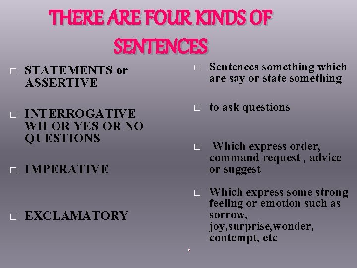 THERE ARE FOUR KINDS OF SENTENCES � � STATEMENTS or ASSERTIVE � Sentences something