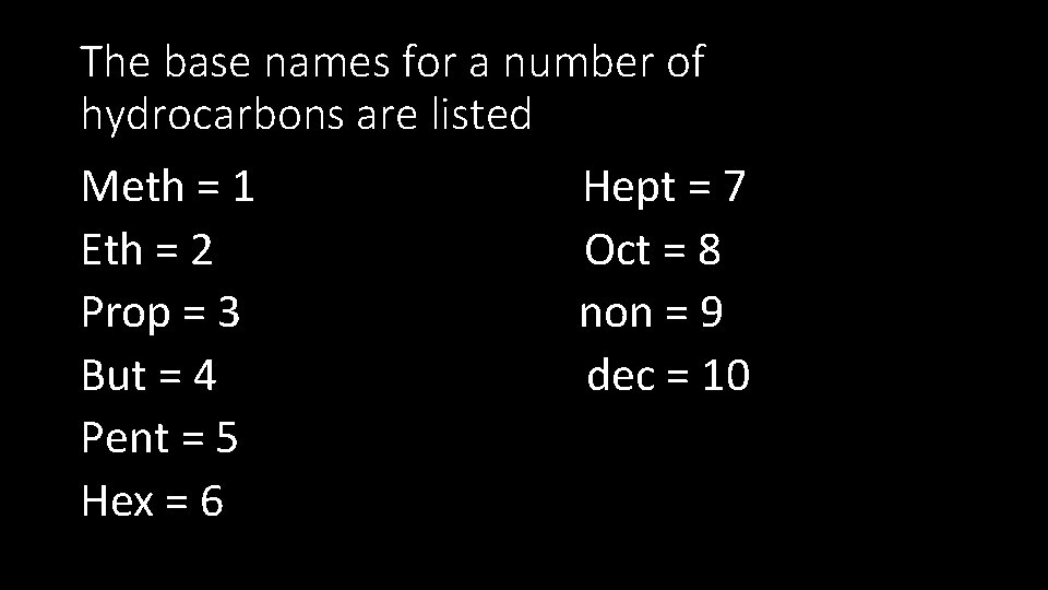 The base names for a number of hydrocarbons are listed Meth = 1 Eth