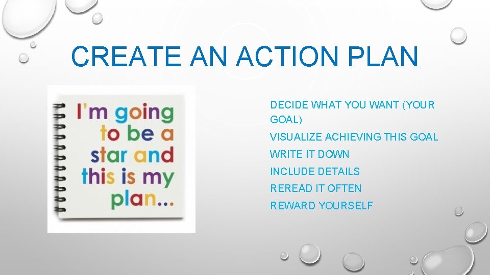 CREATE AN ACTION PLAN DECIDE WHAT YOU WANT (YOUR GOAL) VISUALIZE ACHIEVING THIS GOAL