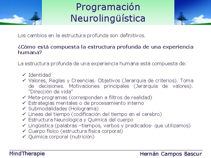 Programación Neurolingüística Los cambios en la estructura profunda son definitivos. ¿Cómo está compuesta la