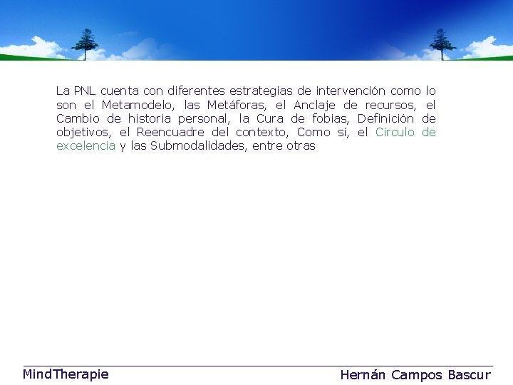 La PNL cuenta con diferentes estrategias de intervención como lo son el Metamodelo, las