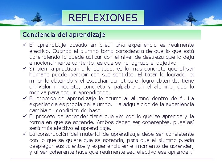 REFLEXIONES Conciencia del aprendizaje ü El aprendizaje basado en crear una experiencia es realmente