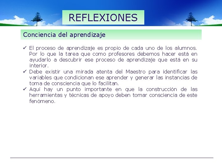 REFLEXIONES Conciencia del aprendizaje ü El proceso de aprendizaje es propio de cada uno