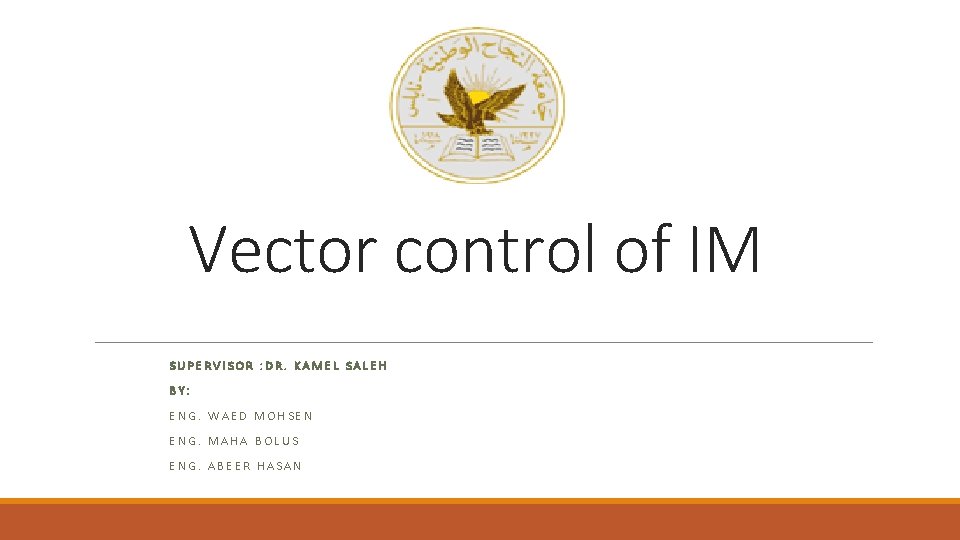 Vector control of IM SUPERVISOR : DR. KAMEL SALEH BY: ENG. WAED MOHSEN ENG.