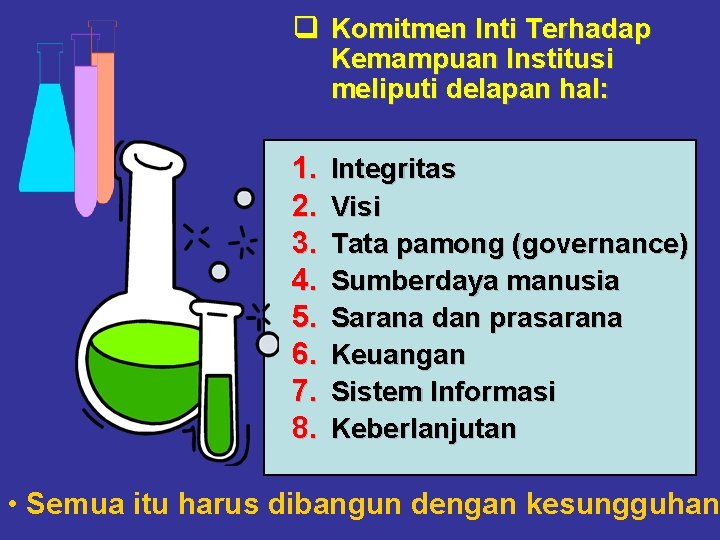 q Komitmen Inti Terhadap Kemampuan Institusi meliputi delapan hal: 1. 2. 3. 4. 5.