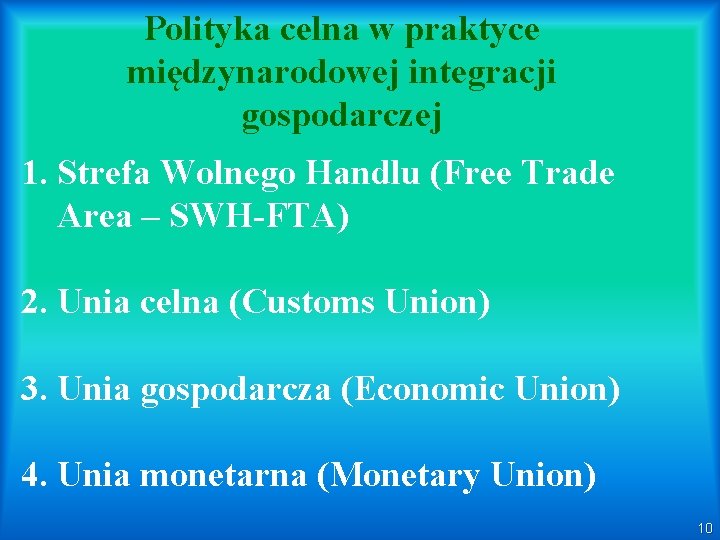 Polityka celna w praktyce międzynarodowej integracji gospodarczej 1. Strefa Wolnego Handlu (Free Trade Area