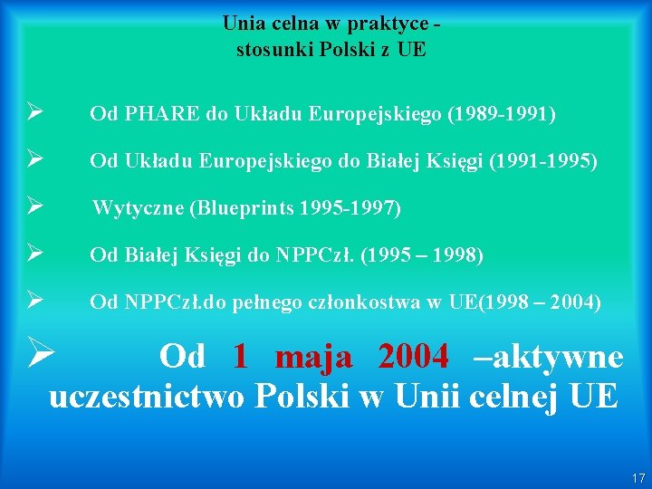 Unia celna w praktyce stosunki Polski z UE Ø Od PHARE do Układu Europejskiego