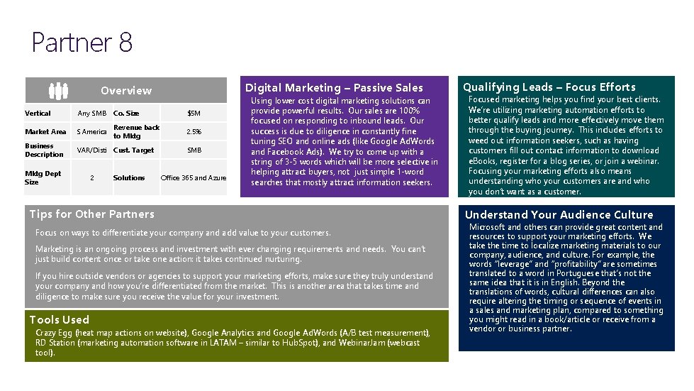 Partner 8 Digital Marketing – Passive Sales Overview Vertical Any SMB Co. Size $5