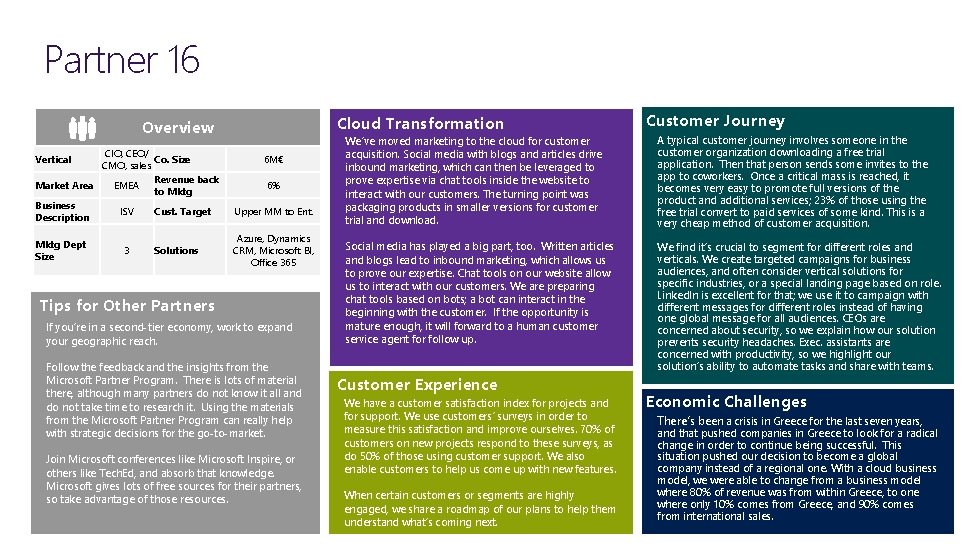 Partner 16 Cloud Transformation Overview CIO, CEO/ Vertical Co. Size CMO, sales Revenue back