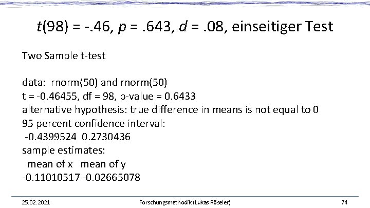 t(98) = -. 46, p =. 643, d =. 08, einseitiger Test Two Sample