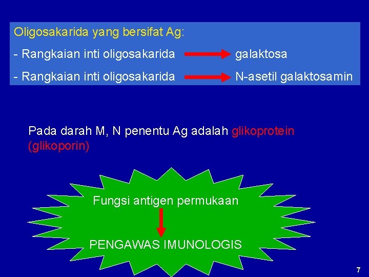 Oligosakarida yang bersifat Ag: - Rangkaian inti oligosakarida galaktosa - Rangkaian inti oligosakarida N-asetil