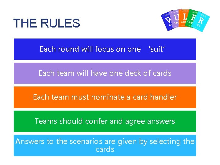 THE RULES Each round will focus on one ‘suit’ Each team will have one THE RULES Each round will focus on one ‘suit’ Each team will have one