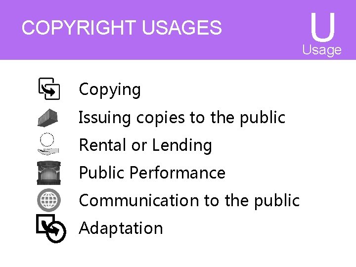 COPYRIGHT USAGES U Usage s Copying Issuing copies to the public Rental or Lending COPYRIGHT USAGES U Usage s Copying Issuing copies to the public Rental or Lending