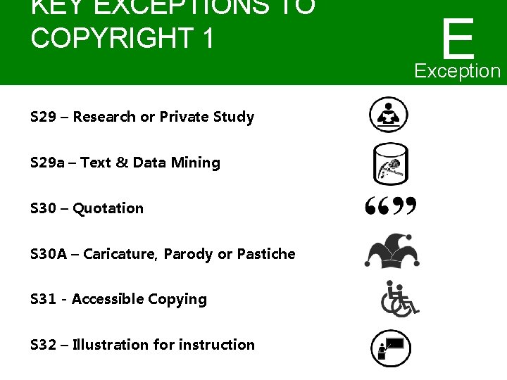 KEY EXCEPTIONS TO COPYRIGHT 1 E Exception s S 29 – Research or Private KEY EXCEPTIONS TO COPYRIGHT 1 E Exception s S 29 – Research or Private