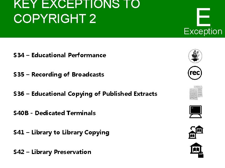 KEY EXCEPTIONS TO COPYRIGHT 2 E Exception s S 34 – Educational Performance S KEY EXCEPTIONS TO COPYRIGHT 2 E Exception s S 34 – Educational Performance S