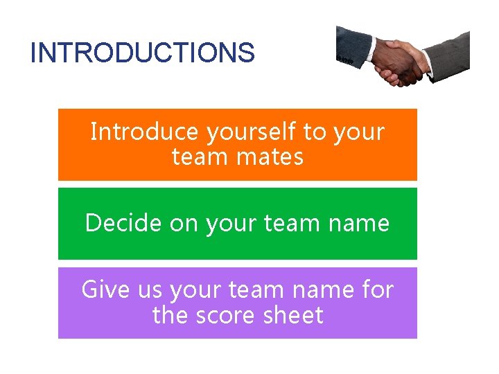 INTRODUCTIONS Introduce yourself to your team mates Decide on your team name Give us INTRODUCTIONS Introduce yourself to your team mates Decide on your team name Give us