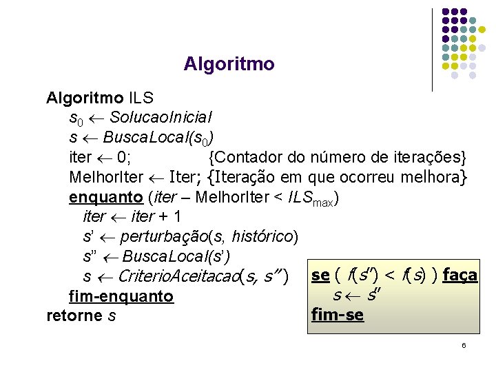 Algoritmo ILS s 0 Solucao. Inicial s Busca. Local(s 0) iter 0; {Contador do